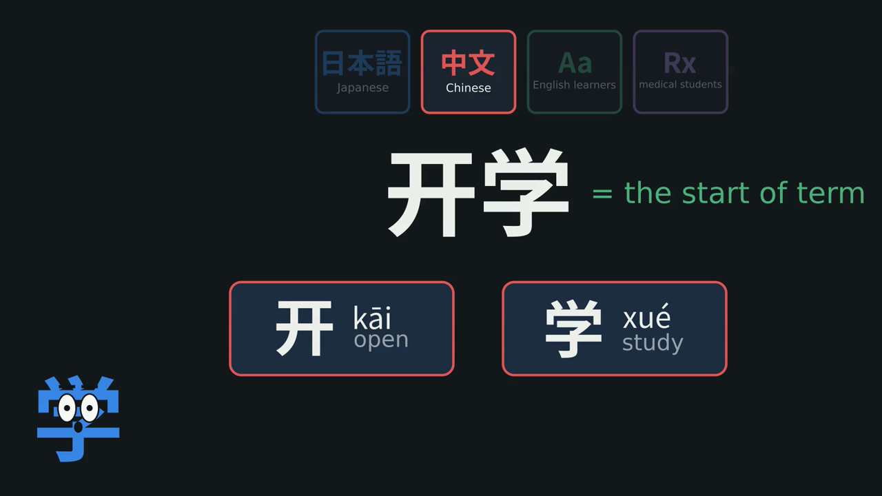 开学, 开 kāi (open) plus 学 xué (study), the start of term