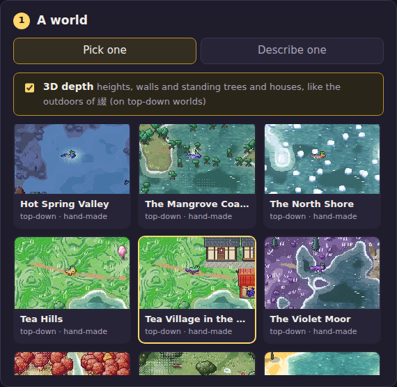 Step 1: the list of worlds, with the 3D depth switch on